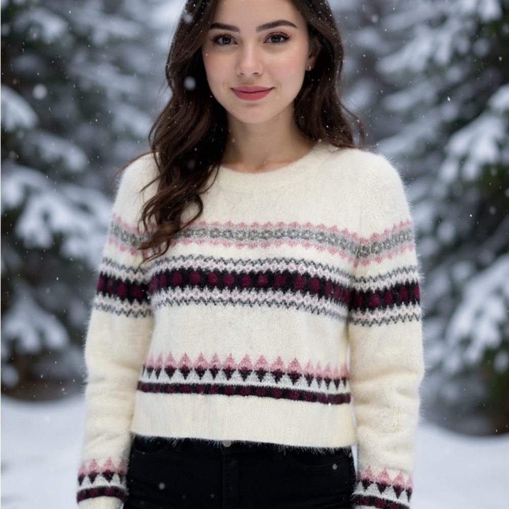 Aritzia Cream and Pink Patterned Sweater